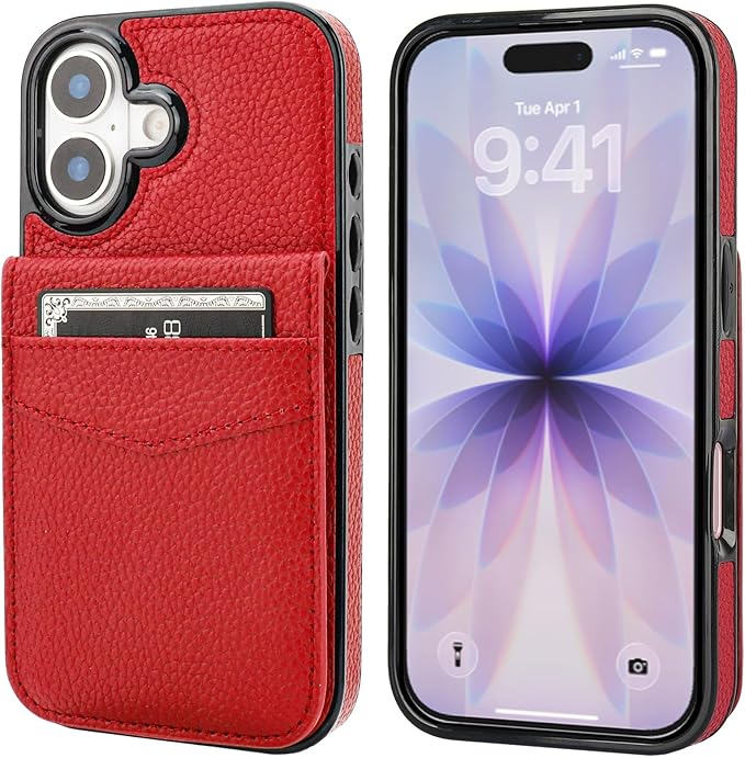 KIHUWEY Compatible with iPhone 17 Case Wallet with Credit Card Holder, Flip Premium Leather Magnetic Clasp Kickstand Heavy Duty Protective Cover for iPhone 17 6.3 Inch (Lichee Red)