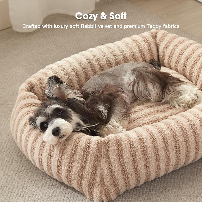 MIXJOY Dog Beds Large Sized Dogs, Washable Dog Bed with Removable Cover, Soft Rectangle Dogs Ded Fluffy Plush Faux Fur Pet Bed with Anti-Slip Bottom, 36"x27"x8", Beige