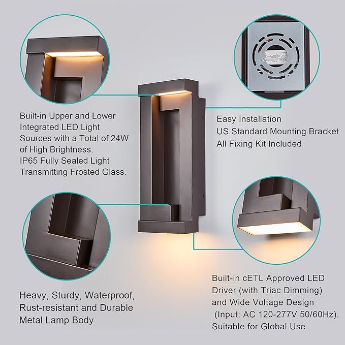 Modern Outdoor LED Wall Lights, 15" H Outside Art Wall Sconce, Bronze Wall Mount Fixture with Integrated LED 24W 2200LM 3000K, IP65 Waterproof Exterior Lamp for House, Porch, Garage