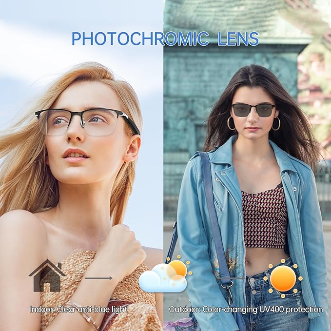 AIRMARS Smart Glasses for Men & Women, Bluetooth Glasses with Photochromic/Blue Light Filter&Polarized Lenses, Smart Sunglasses for Women with Speaker, Interchangeable Frames (Black)