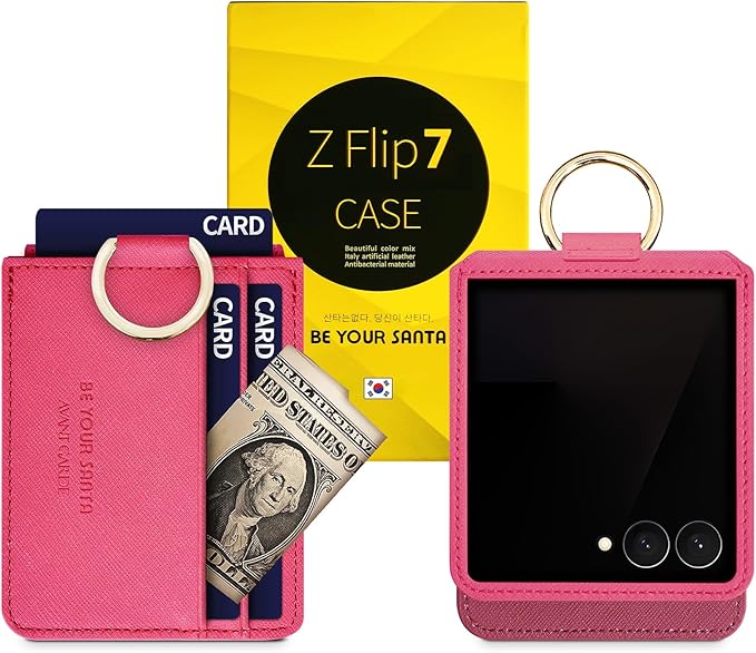 [BeYourSanta] Galaxy Z Flip 7 Case with Ring - Avant-Garde Handmade Saffiano Vegan Leather Case, Anti-Scratch Hinge Protection, Made in Korea (3 Pockets, Coral Red)