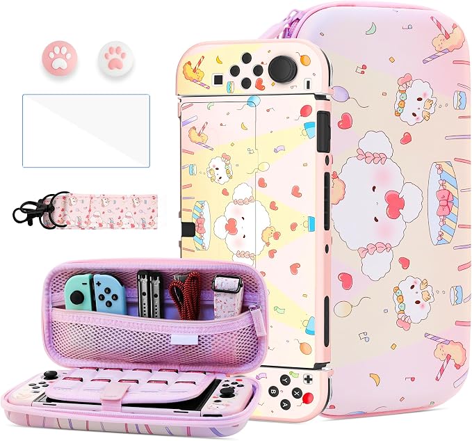 HYPERCASE Pink Cute Little Elf Switch OLED Accessories Bundle, with Portable Switch OLED Carrying Travel Case Pouch, Hardshell Cover Skin, Screen Protector, Shoulder Strap & 2 Thumb Caps