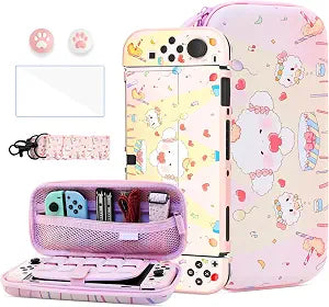 HYPERCASE Pink Cute Little Elf Switch OLED Accessories Bundle, with Portable Switch OLED Carrying Travel Case Pouch, Hardshell Cover Skin, Screen Protector, Shoulder Strap & 2 Thumb Caps