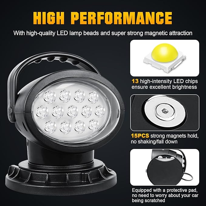 Willpower 5D 360º Rotate Remote Control Led Search Lights 50W Spot Beam Portable LED Work Light with Magnetic Base Driving Lamps for Car Offroad Truck ATV Boat Security Emergency Lighting 12V 24V