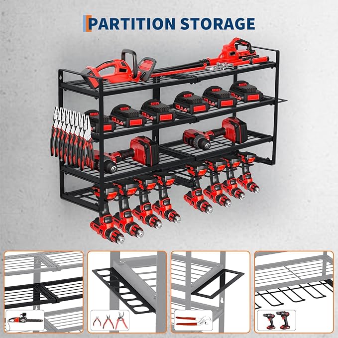 Power Tool Organizer, Drill Holder Wall Mount, Heavy Duty 4-Layer Drill Storage Shelf Loads 400Lbs, 8 Drill Holders and Drill Bit Rack, Utility Power Tool Storage for Garage Workbench