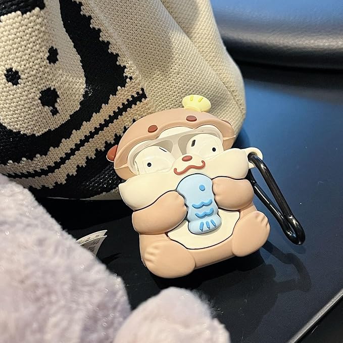 Case Compatible with 2024 Airpods 4, 3D Cute Kawaii Baby Otter Design Keychain Case Cover, Portable Earbuds Accessories Soft Silicone Shockproof Wireless Earphone Protector with Hook
