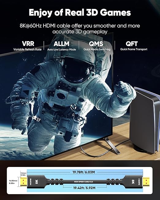 Highwings HDMI Cables 20FT Long, 8K Ultra High Speed HDMI 2.1 Cable [in-Wall CL3 Rated, 48Gbps] 8K@60 4K@120Hz/144Hz, HDMI Cord eARC HDCP 2.2 & 2.3, Compatible for XbX/S/HDTV/GPUs 30 & 40 Series