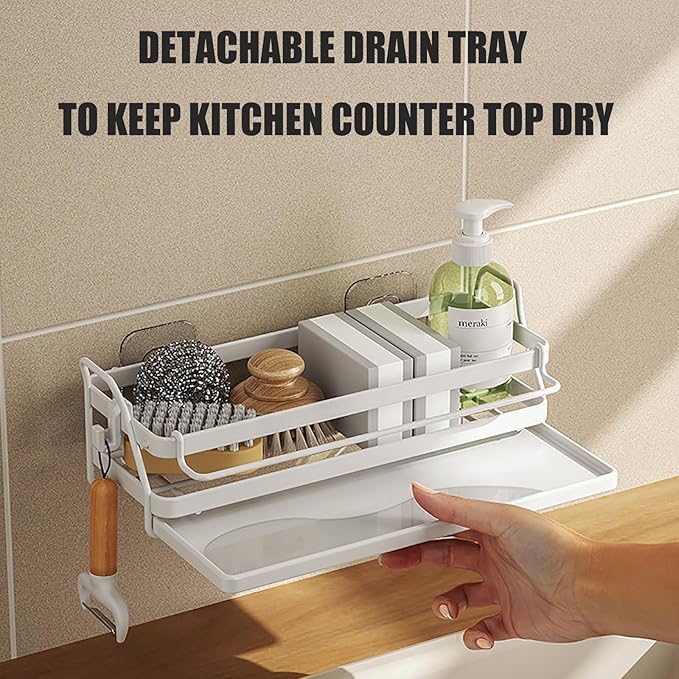 Sponge Holder Wall Mount Kitchen Sink Organizer, Dish Sponge Holder with Divider, Kitchen Sink Caddy, Sink Accessories-White