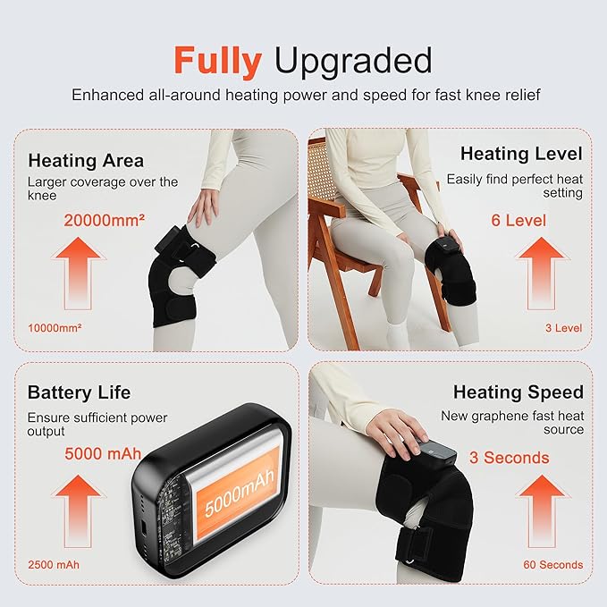 Knee Massager with Heat for Pain Relief V5.0[2025 Upgraded] - Electric Cordless Heated Knee Brace with 6 Heat Levels and 3 Vibration Massage Mode, for Men Women (Black, 2-Pack)