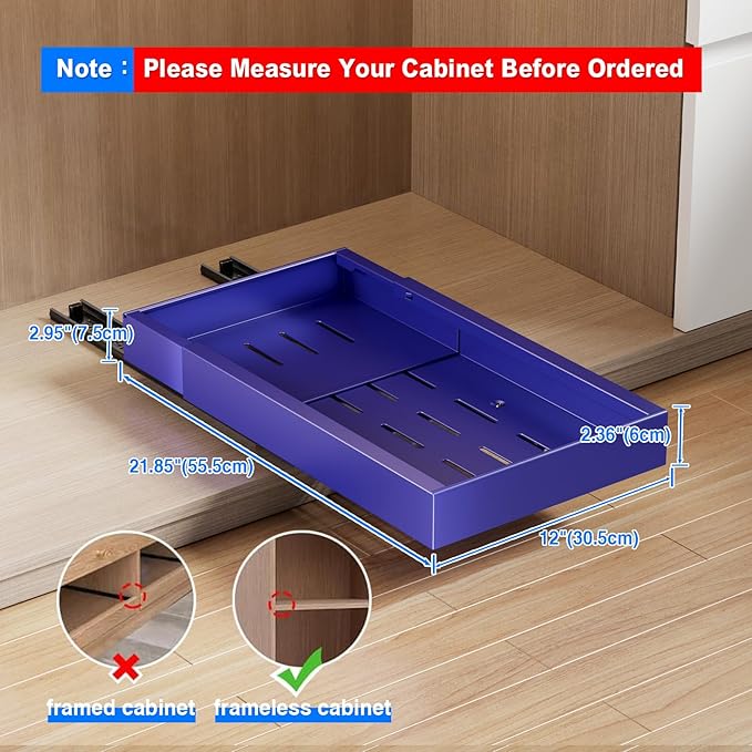 2 Pack Pull Out Cabinet Organizer,21.8" Deep Slide Out Drawer for Cabinets Adhesive Pull Out Drawers Heavy Duty Pull Out Shelves for Kitchen,Cupboard,Pantry,Bathroom-Blue