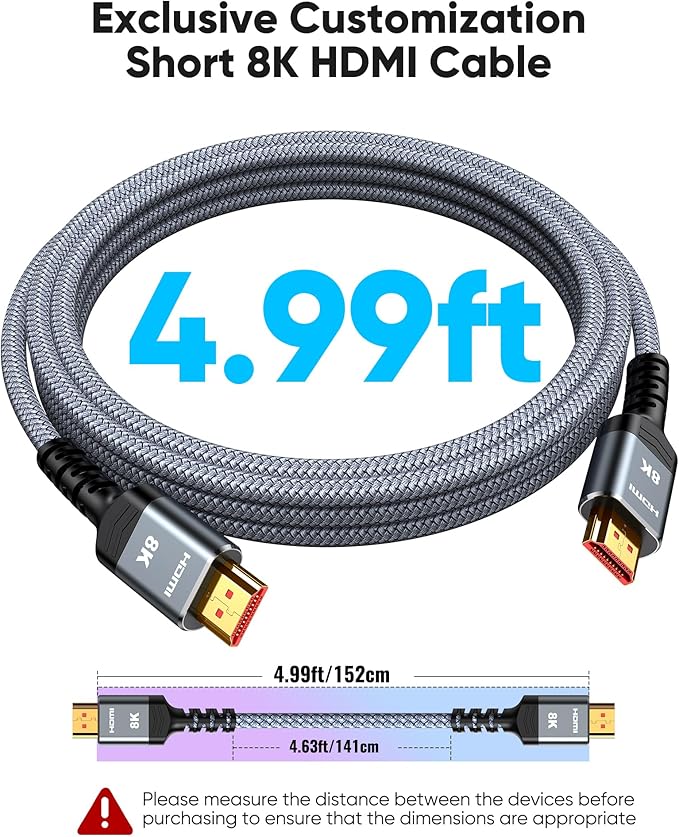Highwings 10K 8K 4K HDMI Cable 48Gbps 5FT/1.5M, Ultra High Speed HDMI Cable 2.1 Braided Cord-4K@120Hz 8K@60Hz, DTS:X, HDCP 2.2 & 2.3, HDR 10+ Compatible with Roku TV/PS5/PS4/UHD TV/Blu-ray