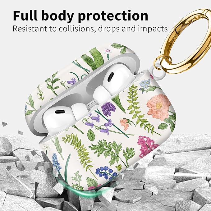 Compatible with Airpod pro 2nd/1st Generation Case Cover with Gold Round Keychain Cute Pattern Hard & Anti Slip Cover for Men Women & Girls（Flower Landscape）