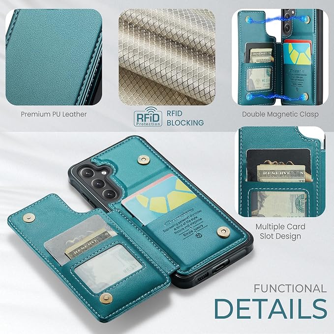 Bemal for Samsung Galaxy S25 Wallet Case with Card Holder, RFID Blocking, Shockproof Leather Kickstand for Men and Women, Durable Protective Phone Cover for 6.2", Bluish Green