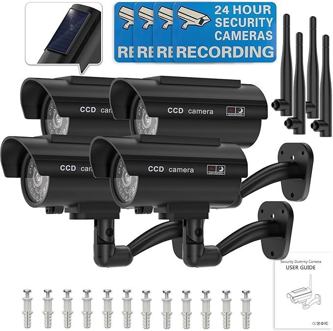 WALI Dummy Fake Camera, Solar Powered Fake Security Camera with LED Light, Simulated Surveillance Security CCTV Dome Cameras with Antenna and Warning Sticker Indoor Outdoor (SOL-TCB2), 2 Packs, Black