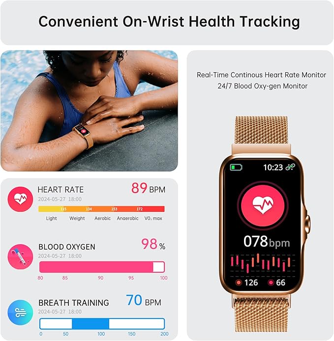 Health Fitness Tracker, Smart Watch with 24/7 Heart Rate and Blood Oxy-gen Monitor, Sleep Tracker with IP68 Waterproof, Activity Tracker Pedometer Step Counter for Women Men (Rose Gold)