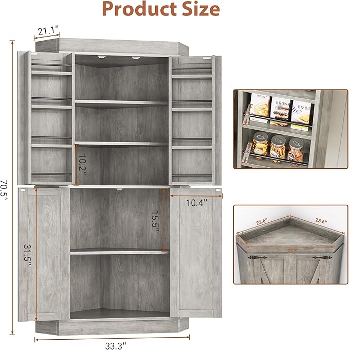 Corner Cabinet, Kitchen Pantry Cabinet, Storage Cabinet with 4 Doors and Shelves, Kitchen Cabinet, Pantry Cabinet, Tall Food Pantry Storage Cabinet Farmhouse Furniture for Kitchen Dining Room, Grey