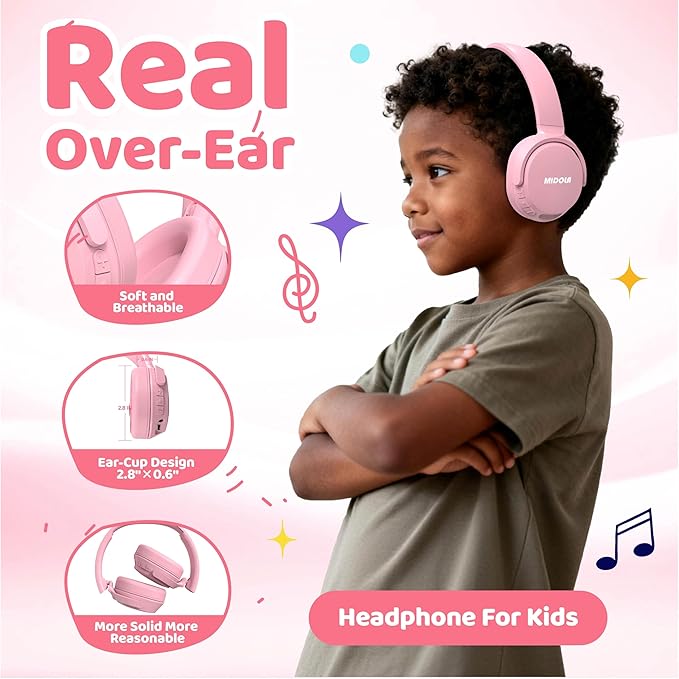 MIDOLA Headphones for Kids Bluetooth 5.4 Wireless 68H Play Time Volume Limit 85/94dB Over-Ear Foldable Headset,with Mic Wired Aux for Toddler Child Boy Girl School Pad Tablet Pink