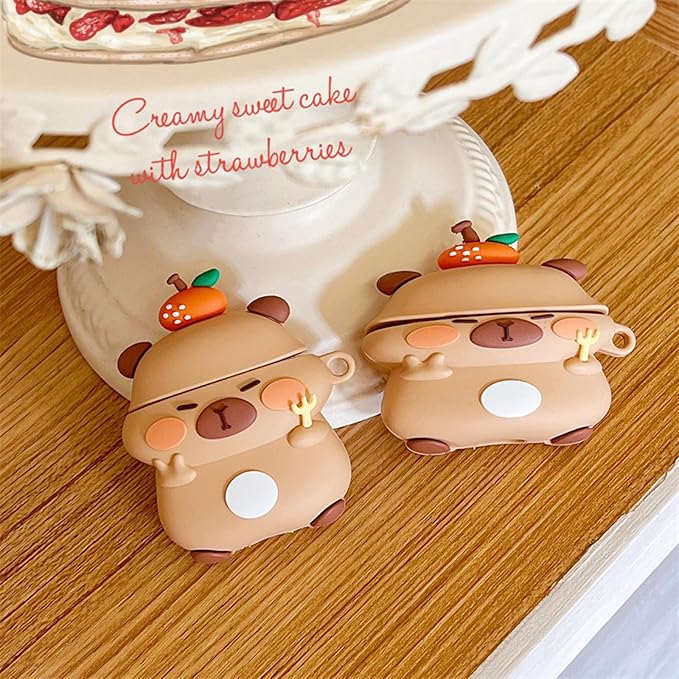 Case Compatible with Airpods 1 & 2, 3D Cute Kawaii Orange Capybara Design Keychain Case Cover, Portable Earbuds Accessories Soft Silicone Shockproof Wireless Earphone Protector with Hook