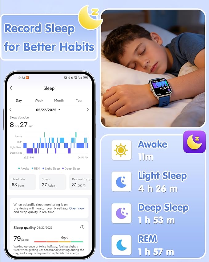 Kids Smart Watch, Kids Watch No Phone Needed Heart Rate & Sleep Tracker, Stress & SpO2 Monitor, 1.8" Fitness Tracker Step Counter, Alarm Clock, Games, Swimming Watch for Boys Girls Teens Aged 5+