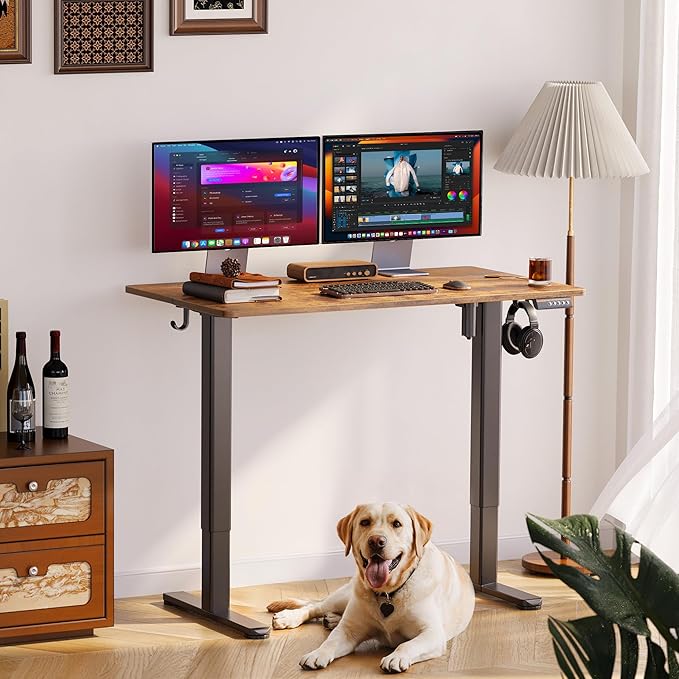 Claiks Electric Standing Desk, Adjustable Height Stand up Desk, 48 * 24 Inches Sit Stand Home Office Desk with Splice Board, Black Frame/Vintage Brown Top