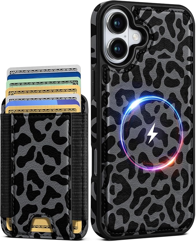 Shorogyt for iPhone 17 Wallet Case - Fits 5 Cards, Compatible with Magsafe Detachable Magnetic Credit Card Holder Leather Cardholder Cute Phone Cover Women Girls for Apple 17, Leopard