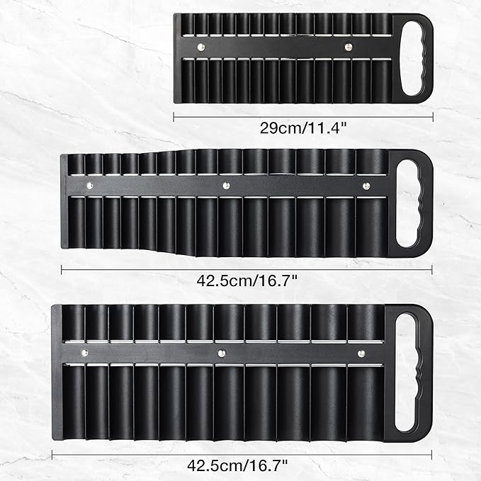 Magnetic Socket Organizer Set, 3 Pcs Black Portable Heavy Duty Socket Rail Set: 1/4-Inch x 22 Pallets, 3/8-Inch x 28 Pallets, 1/2-Inch x 26 Pallets, Hold 76 Sockets - Fit Shallow&Deep Sockets