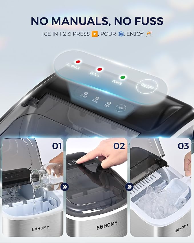 EUHOMY Countertop Ice Maker Machine with Handle, 26lbs Per Day, 9 Ice Cubes Ready in 6 Mins, Auto-Cleaning Portable Ice Maker with Basket and Scoop, for Home/Kitchen/Camping/RV (Silver)