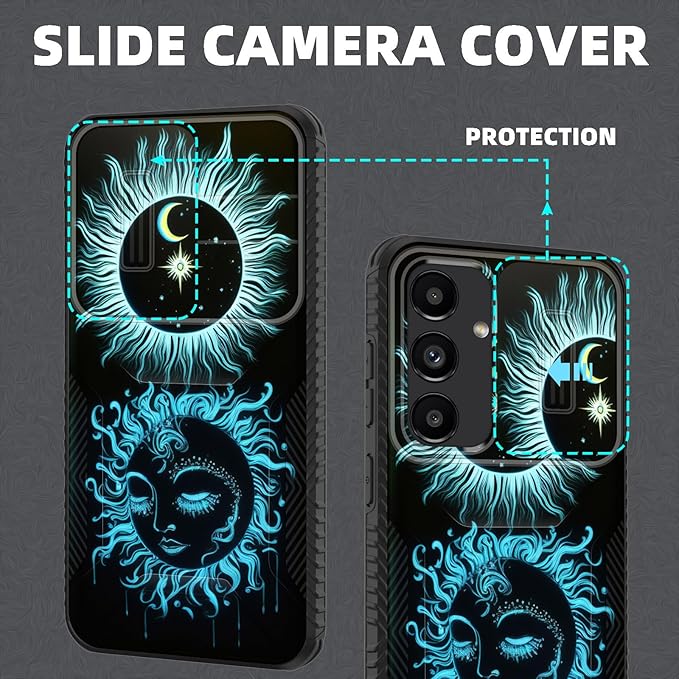 for Galaxy S24 FE Case Built in Slide Camera Lens Cover,Heavy Duty Shockproof Protection Dual Layer Case for Samsung Galaxy S24 FE 5G 6.7" 2024,Sun Moon
