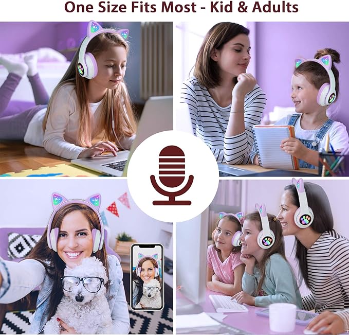 TCJJ Bluetooth 6.0 Cat Ear Kids Headphones for Girls, LED Light Up, 85dB Safe Volume Limit, Stereo Sound Toddler Foldable Wireless & 3.5mm Wired Headset with Mic for School, Tablet, Travel