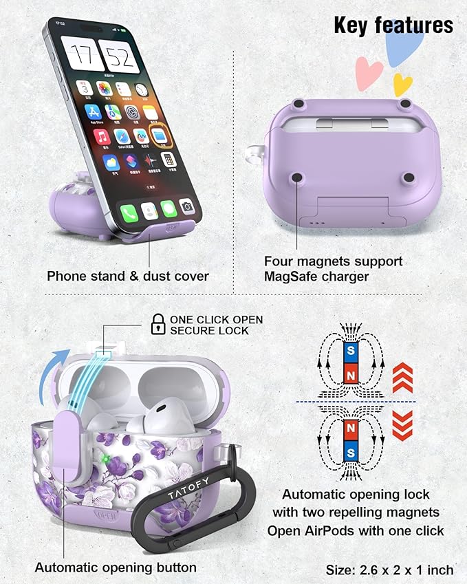 TATOFY for AirPod Pro 3 Case (2025) with Phone Stand Lanyard Lock Cleaning Kit, Compatible with Magsafe, Flowers Hard AirPods Pro 3rd Generation Cover for Women (Purple, AirPods Pro 3)