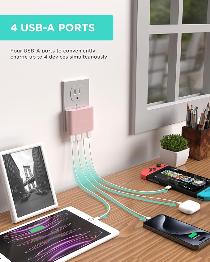 iHome Slim 4-Port USB Wall Charger, AC Pro Multiport Plug Adapter, Phone Charging Block with 4 Ports, Flat USB Wall Adapter for Home & Travel
