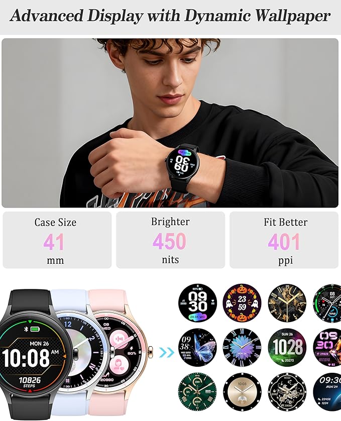 Smart Watch for Women, Ladies & Men, 1.27'' Fitness Watch [41mm case] with Call Receive/Dial, Heart Rate/Stress/Sleep Monitor, AI Voice, IP68 Waterproof Smartwatch with Calculator, Calendar, Games