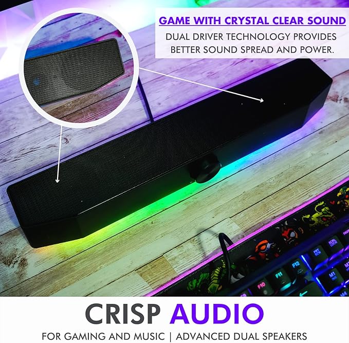 Tilted Nation Gaming Soundbar - Monitor Sound Bar for PC - RGB Computer Speakers for Desktop PC (Wireless or USB Wired) Crisp Audio and Adjustable LED