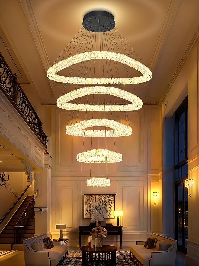 Flashing God H118 Modern Large Chandelier for Foyer 5 Rings Crystal Chandelier Stairway Chandeliers LED Dimmable Crystal Pendant Light for Living Room Entrance Hallway Black