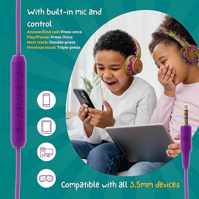 Kidrox® Dinosaur Headphones for Kids Wired with Microphone, Made to Last Durable and Flexible, Volume Limited 85/94db Kid Safe for Kids All Ages, Boys & Girls. Perfect for School or Travel. 3.5 Jack