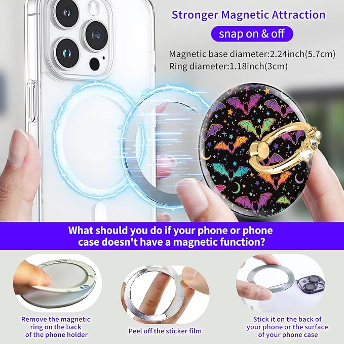 Magnetic Phone Ring Holder Compatible with MagSafe, Cute Phone Grip Stand with 360° Rotation Gold Glitter Finger Ring Kickstand Accessories for Most Phones Cute Purple Bats