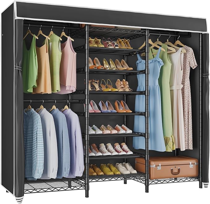 VIPEK S3C Heavy Duty Covered Clothes Rack Portable Closet Rack, Black Metal Clothing Rack with Black Upgarded Polyester Cover, Adjustable Custom Freestanding Closet Wardrobe, Max Load 1060LBS