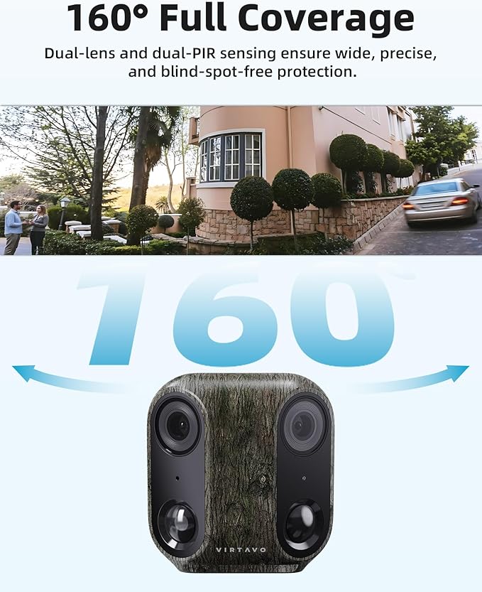 virtavo Cam XM1 Camouflage, Solar Security Cameras Wireless Outdoor, Dual 2MP Resolution, Color Night Vision, PIR Motion Detection, Battery-Powered, 2-Way Audio, Weatherproof, Cloud/SD Storage, IP66