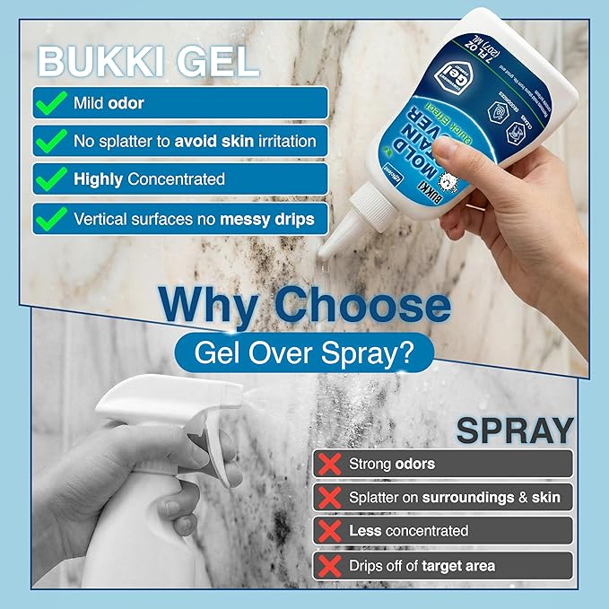 BUKKI Mold Stain Remover Gel 7 FL OZ (150 g), Heavy Duty Thick Cleaning Gel for Shower Grout, Washer Seals, Caulking, Bathrooms, Sinks, Concrete. Stain Cleaner Surface Gel