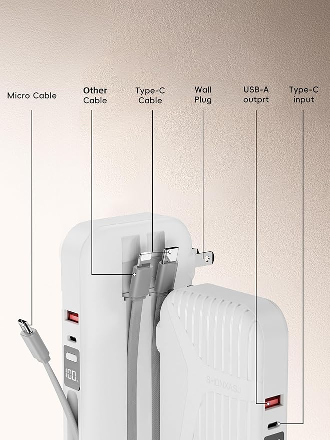 27W Portable Charger with Wall Plug Power Bank for iphone, Portable Charger 10000mAh with Built-in Cables, LED Display and 4 Outputs 2 Inputs Portable Charger for iPhone 17 16 Samsung Galaxy iPad