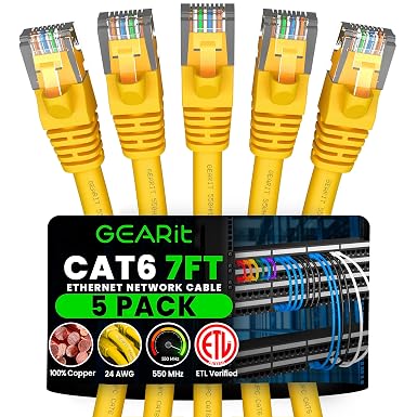 GEARit Cat6 Patch Cables Cat 6 Ethernet Cable 7 ft 5-Pack Yellow