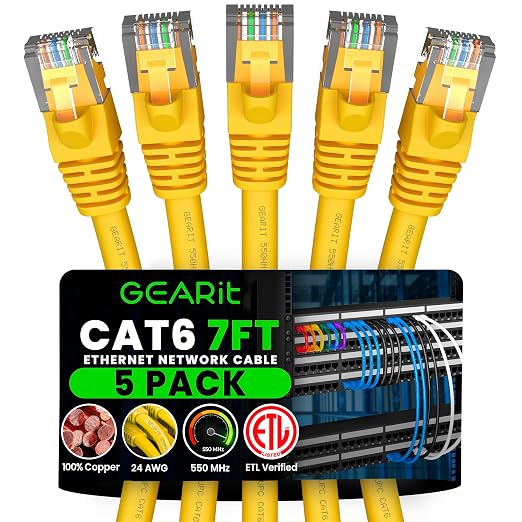 GEARit Cat6 Patch Cables Cat 6 Ethernet Cable 7 ft 5-Pack Yellow