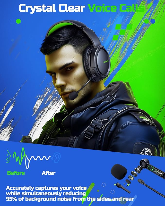 BINNUNE Wireless Gaming Headset — 2.4GHz Low-Latency USB Dongle + Bluetooth, 50mm Drivers 7.1 Surround, Noise-Cancelling Mic, 40H Battery — Over Ear Wireless Headphones for PS5, PC, Laptop, Green