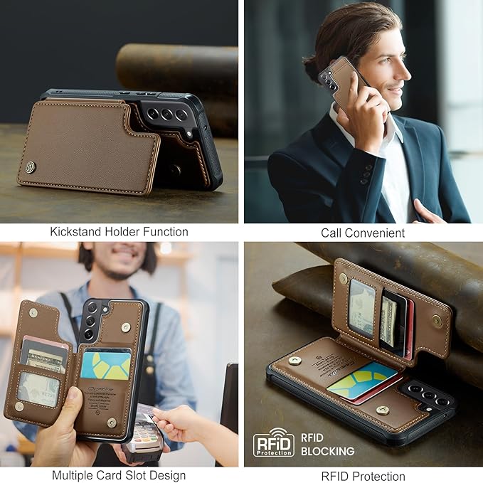 Bemal for Samsung Galaxy S21 FE Wallet Case with Card Holder, RFID Blocking, Shockproof Leather Kickstand for Men and Women, Durable Protective Phone Cover for 6.4", Brown