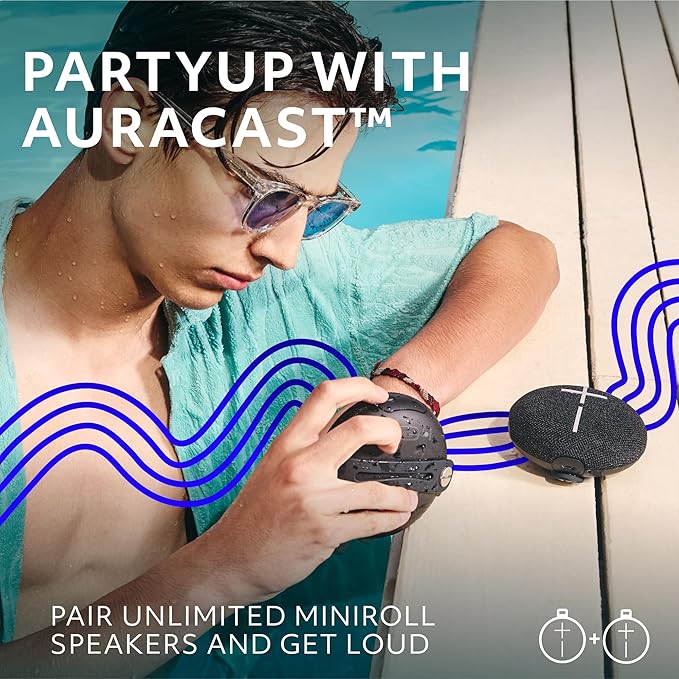 Ultimate Ears MINIROLL Ultra-Portable Waterproof Bluetooth Speaker, Big Bass, IP67 Dustproof, 131 ft (40 m) Range - Gentle Black