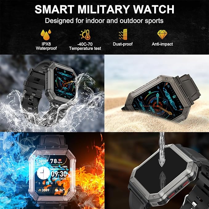 Smart Watch for Men Fitness Tracker: Military Digital Mens Watches Bluetooth Make Answer Call Running Waterproof Smartwatch Android Phones iPhone Samsung Compatible Heart Rate Monitor Step Pedometer
