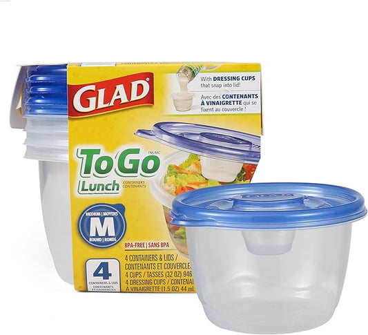 Glad Gladware Lockware to Go Food Storage Containers Medium Size Round Food Storage That Holds up to 32 Ounces of Food, Solids, or Liquids | 32 oz Containers, 4 Count Set