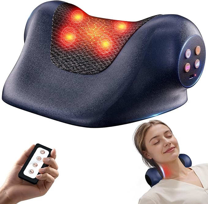 JDZ Neck Massager with Heat, 3-in-1 Electric Cervical Massager for Pain Relief with Hot Compress, Ergonomic Neck and Shoulder Relaxer Stretcher - ldeal Gift for Office Athletes Everyone etc, Blue