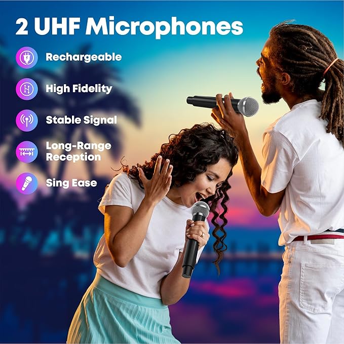 Karaoke Machine with 2 UHF Mic Subwoofer Home Theater Audio Sound Bar Support Optical/Bluetooth/AUX/USB/PC Wooden Karaoke Singing Machine for TV, Home, Karaoke, Singing Party, Christmas (S-330)