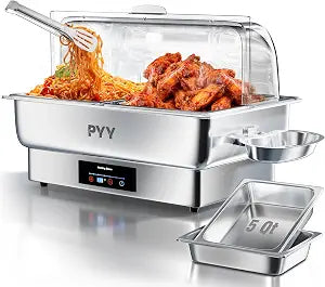 PYY Electric Chafing Dish Buffet Set – Roll Top, Stainless Steel Chafer with Side Handles, Clip Storage Plate & 2 Half-Size Pans for Catering Parties Weddings